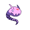 A light pink snake-like creature with horns and a broad head. On its forehead is a red heart shape and on its back are dark purple stripes in the shape of rings.
